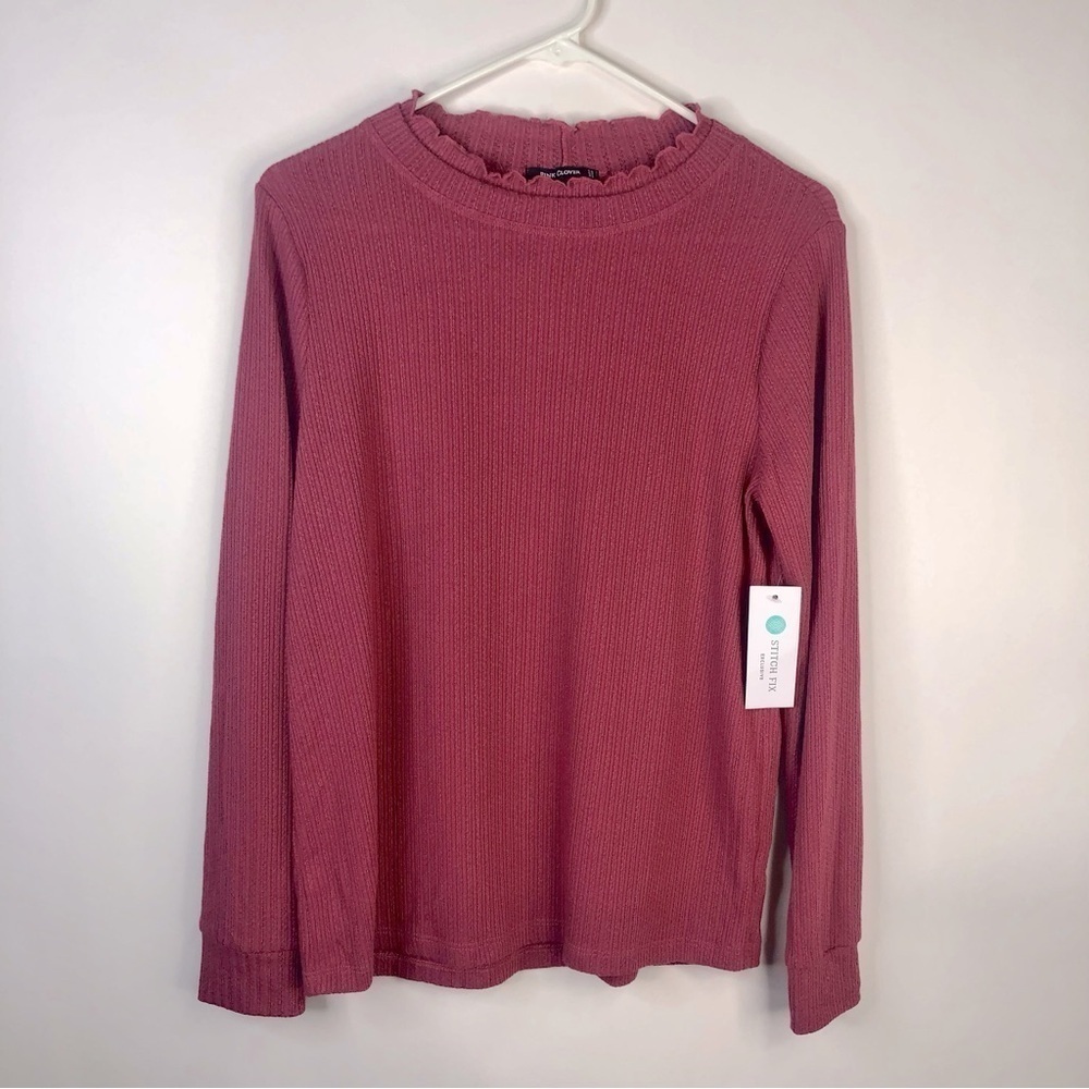 Pink Clover muted red ribbed knit ruffled mock neck long sleeve NWT. M